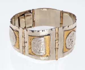 Vintage Taxco Two Tone Sterling Silver Aztec Warrior Bracelet