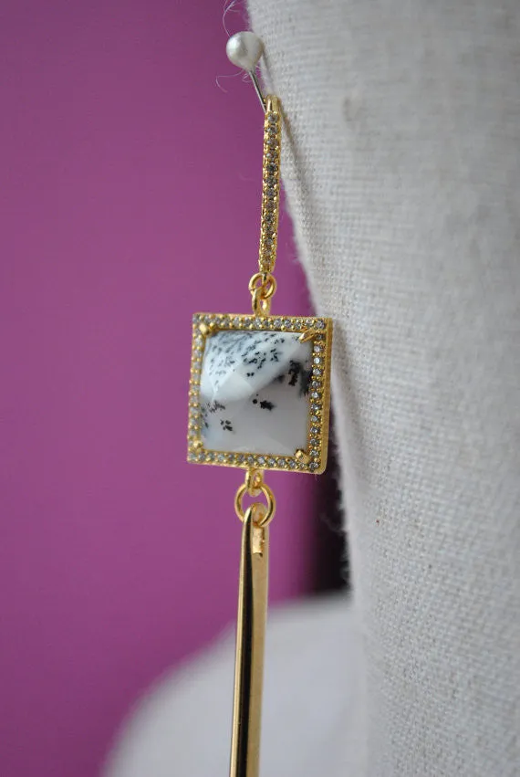 WHITE AGATE SQUARES AND RHINESTONES GOLD SPIKE LONG STATEMENT EARRINGS