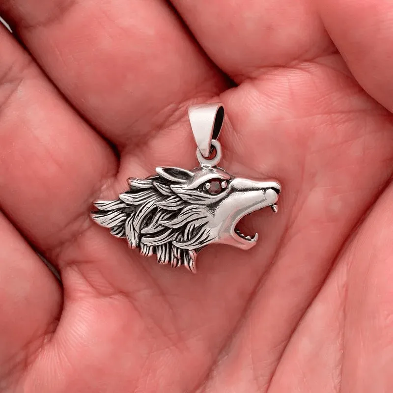 Wolf Head with Red Cubic Zirconia Eye 925 STERLING SILVER PENDANT