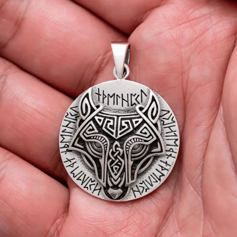Wolf Head With Runes 925 Sterling Silver Pendant