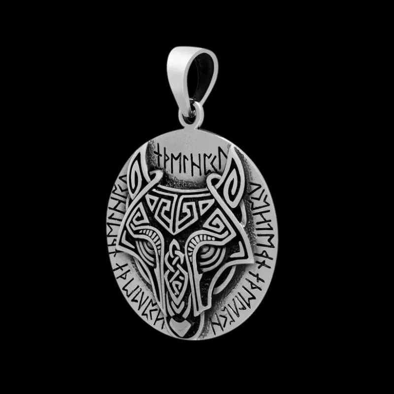 Wolf Head With Runes 925 Sterling Silver Pendant