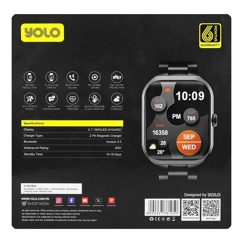 Yolo 2.1" Amoled Display Supreme  Smart Watch, IP67 Water Resistance, Black