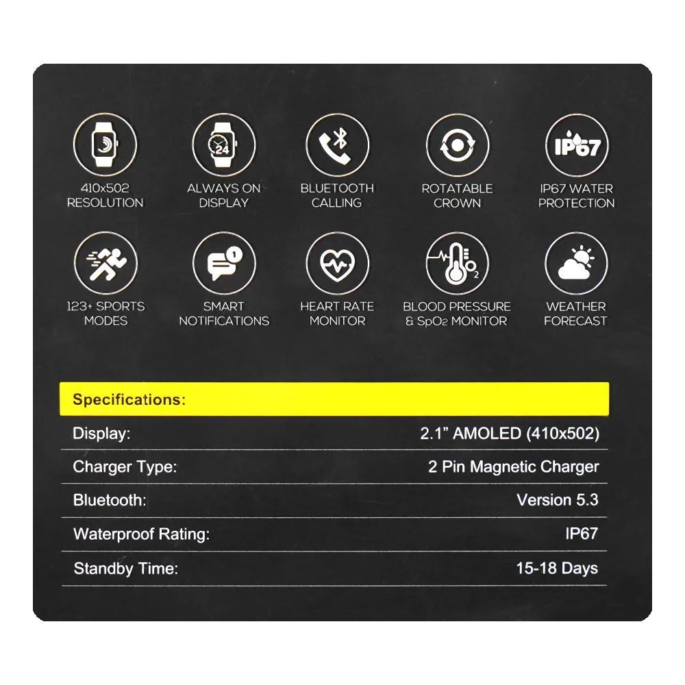 Yolo 2.1" Amoled Display Supreme  Smart Watch, IP67 Water Resistance, Black